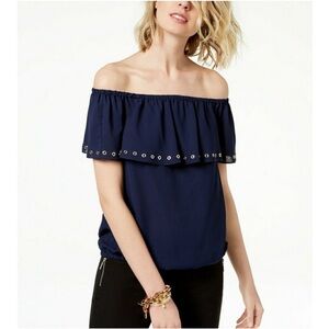 Michael Kors Off-Shoulder Navy Blue Top with Eyelet Trim